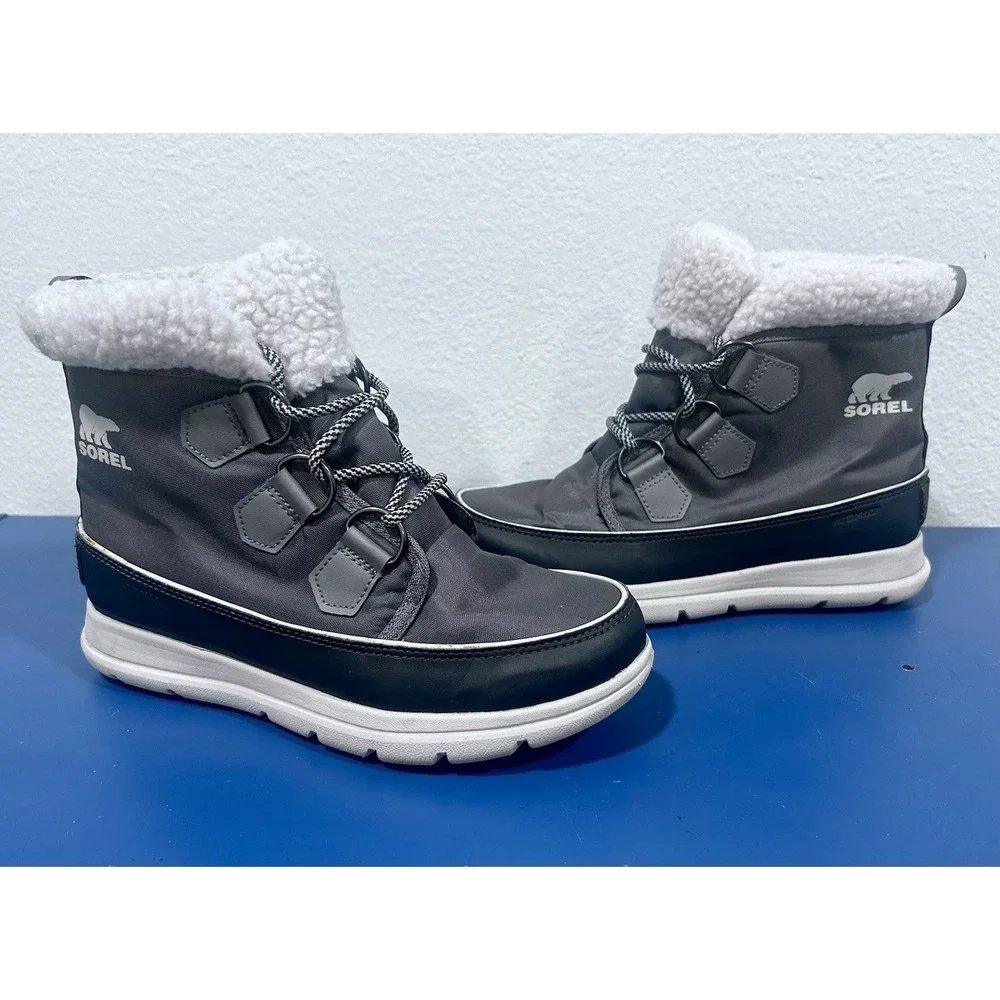 Sorel Explorer Carnival Waterproof Boots Shoes Faux Fur Collar Grey 7 Women's
